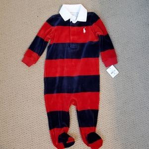 NWT Ralph Lauren Red Navy Velour Baby Romper